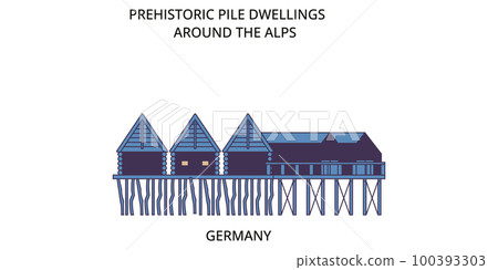 Germany, Alps, Prehistoric Pile Dwellings tourism landmarks, vector city travel illustration 100393303