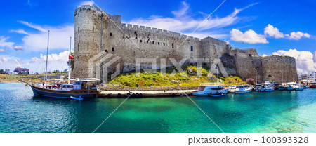Landmarks of Cyprus - medieval fortress in Kyrenia, turkish part of island 100393328