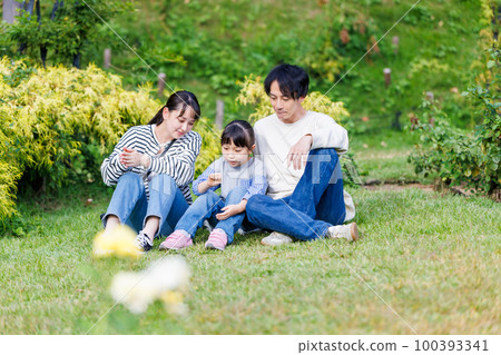 Close family sitting on the grass in the park 100393341