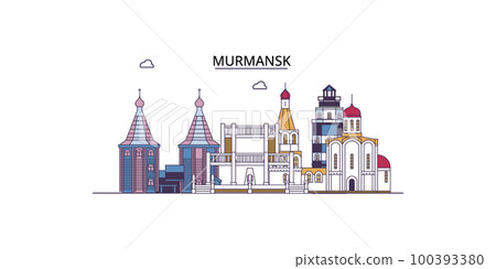 Russia, Murmansk tourism landmarks, vector city travel illustration 100393380