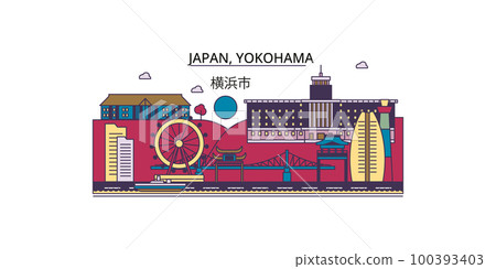 Japan, Yokohama tourism landmarks, vector city travel illustration 100393403