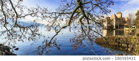 One of the most beautiful medieval castles of Europe - romantic chateau de Chillon in Geneva lake in Switzerland One of the most beautiful medieval castles of Europe - romantic chateau de Chillon in Geneva lake in Switzerland 100393431