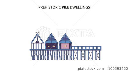 France, Prehistoric Pile Dwellings Around The Alps Landmark tourism landmarks, vector city travel illustration France, Prehistoric Pile Dwellings Around The Alps Landmark tourism landmarks, vector city travel illustration 100393460