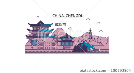 China, Chengdu tourism landmarks, vector city travel illustration 100393504