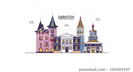 Russia, Saratov tourism landmarks, vector city travel illustration 100393597