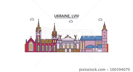 Ukraine, Lviv tourism landmarks, vector city travel illustration 100394070