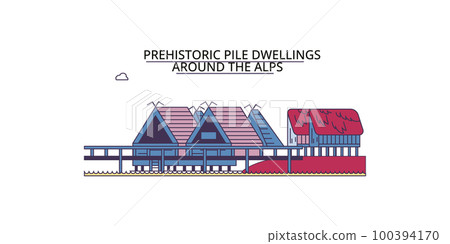 Italy, Prehistoric Pile Dwellings tourism landmarks, vector city travel illustration 100394170