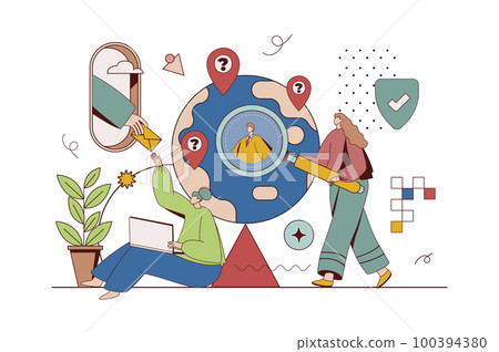 Outsourcing company concept with character situation in flat design. Women and men work remotely, receive tasks and do projects online using laptops. Vector illustration with people scene for web 100394380