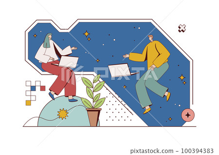 Open space concept with character situation in flat design. Woman and man working on laptops, communicate and doing project tasks in coworking office. Vector illustration with people scene for web Open space concept with character situation in flat design. Woman and man working on laptops, communicate and doing project tasks in coworking office. Vector illustration with people scene for web 100394383