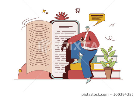 Online reading concept with character situation in flat design. Man reads e-book using mobile application. Reader studying electronic files on smartphone. Vector illustration with people scene for web Online reading concept with character situation in flat design. Man reads e-book using mobile application. Reader studying electronic files on smartphone. Vector illustration with people scene for web 100394385