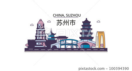 China, Suzhou tourism landmarks, vector city travel illustration 100394390
