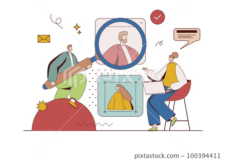 HR process concept with character situation in flat design. Man and woman work as hiring managers, choose best candidates and invite for job interview. Vector illustration with people scene for web HR process concept with character situation in flat design. Man and woman work as hiring managers, choose best candidates and invite for job interview. Vector illustration with people scene for web 100394411