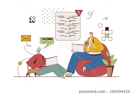 Freelance work concept with character situation in flat design. Woman and man doing online tasks with laptops, communicate and work in cozy home office. Vector illustration with people scene for web 100394420