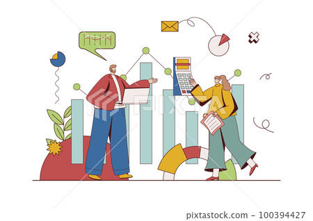Financial management concept with character situation in flat design. Man and woman calculating and accounting of company budget, working with data. Vector illustration with people scene for web 100394427