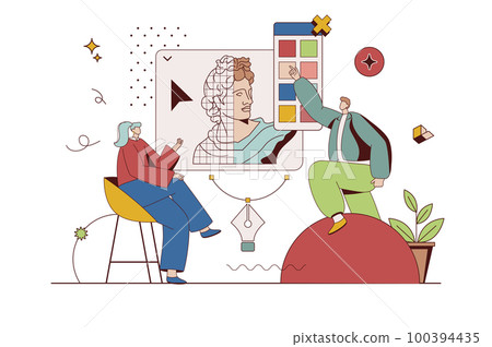 Designer agency concept with character situation in flat design. Man and woman are discussing art project, working with trendy palette and visual content. Vector illustration with people scene for web 100394435