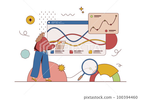 Business statistic concept with character situation in flat design. Woman analyzes data and financial statistics of development of company, writes report. Vector illustration with people scene for web 100394460