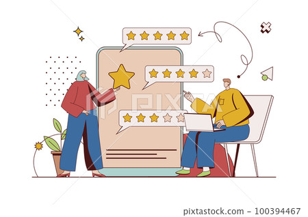 Best feedback concept with character situation in flat design. Man and woman giving high rating stars and writing reviews with their positive experience. Vector illustration with people scene for web Best feedback concept with character situation in flat design. Man and woman giving high rating stars and writing reviews with their positive experience. Vector illustration with people scene for web 100394467