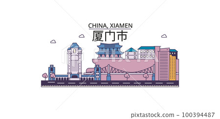 China, Xiamen tourism landmarks, vector city travel illustration 100394487