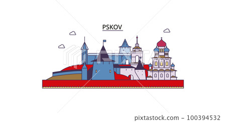Russia, Pskov tourism landmarks, vector city travel illustration 100394532