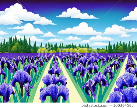 Iris garden, blue flowers, AI illustration 100394593