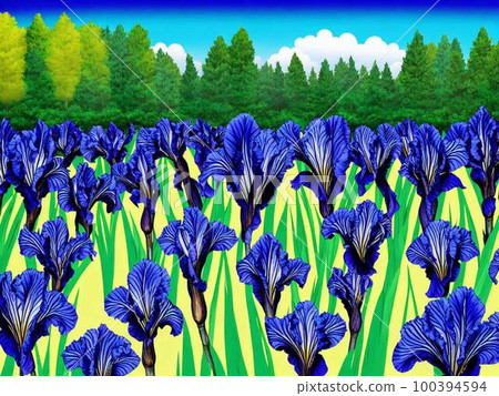Iris garden, blue flowers, AI illustration 100394594