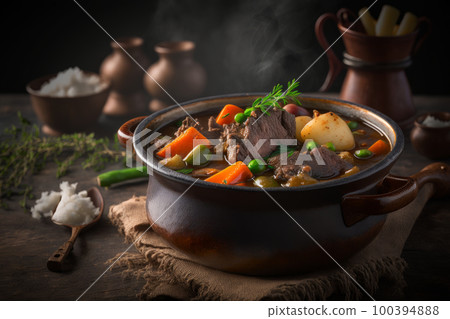 Tasty food Beef Stew with potato on a dark background. Illustration AI Generative 100394888
