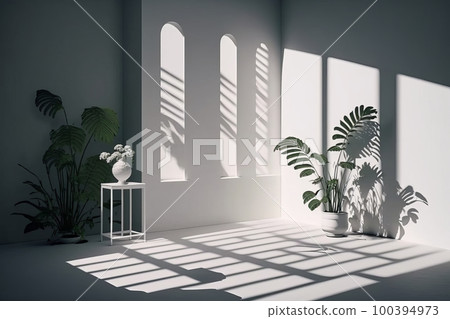 Empty room with shadows of window and flowers and palm. Illustration AI Generative 100394973