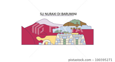 Italy, Barumini, Su Nuraxi Di Barumini tourism landmarks, vector city travel illustration 100395271