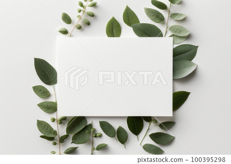 Blank white card green leaves on white background. Illustration AI Generative 100395298