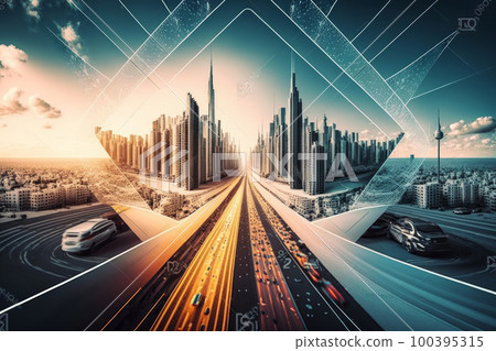 Smart city and polygon pattern connection with speed line. Illustration AI Generative 100395315