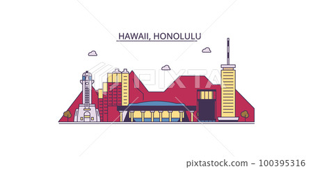 United States, Honolulu tourism landmarks, vector city travel illustration United States, Honolulu tourism landmarks, vector city travel illustration 100395316