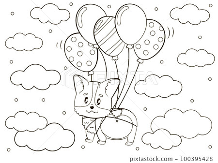 Cute coloring page with cute corgi puppy character floating tied to heart balloons Cute coloring page with cute corgi puppy character floating tied to heart balloons 100395428