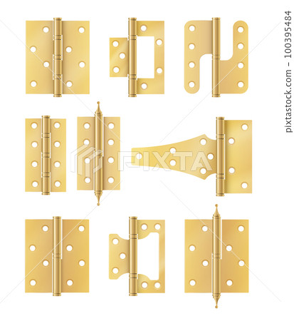 Golden door hinges construction hardware. Realistic set of gold tools for joint gates and windows.metal hinges for house and furniture. vector 100395484