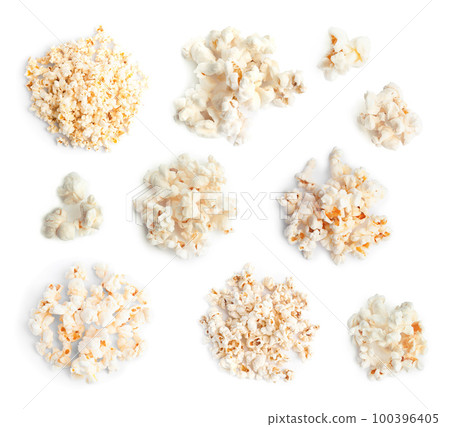 Set of tasty pop corn on white background, top view 100396405