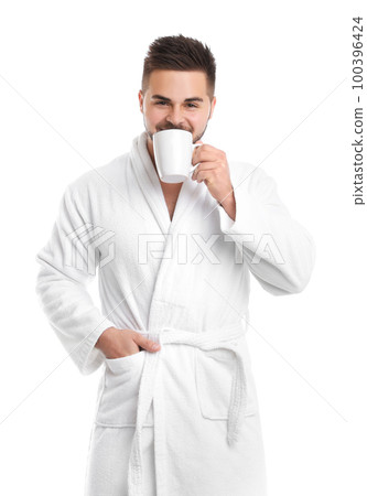 Handsome man in bathrobe drinking coffee on... - Stock Photo [100396424] -  PIXTA