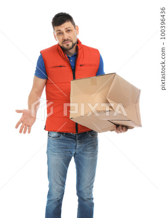 Emotional courier with damaged cardboard box on white background. Poor quality delivery service Emotional courier with damaged cardboard box on white background. Poor quality delivery service 100396436