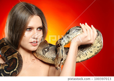 Beautiful woman with boa constrictor on bright colorful  background 100397013