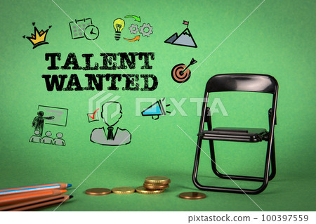 Talent Wanted concept. Miniature chair, text and icons on a green background Talent Wanted concept. Miniature chair, text and icons on a green background 100397559