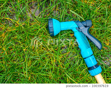 Blue gun spray water on the hose for watering the lawn. 100397619