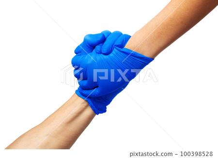 Handshake in a blue gloves, help concept. Personal hygiene during a pandemic 100398528