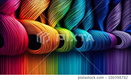 Rainbow interlaced yarn threads for knitting background. Generative AI 100398782