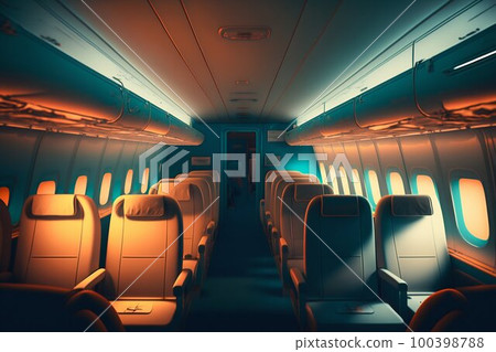 Airplane passenger cabin interior. Generative AI Airplane passenger cabin interior. Generative AI 100398788