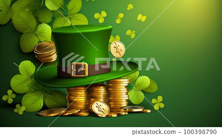 Saint Patrick hat with gold coins and clovers banner. Generative AI 100398790