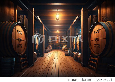 Alcohol barrel room interior. Generative AI Alcohol barrel room interior. Generative AI 100398791