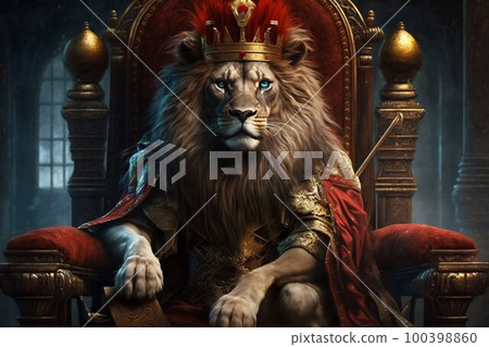 Royal lion king in sitting on a red throne. Generative AI 100398860