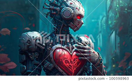 Humanoid robot with love heart in cyberpunk style. Valentine's Day. Humanoid robot with love heart in cyberpunk style. Valentine's Day. 100398963