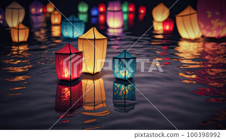 Paper lanterns float on water. Floating Lantern Festival, Memorial Day. Generative AI 100398992