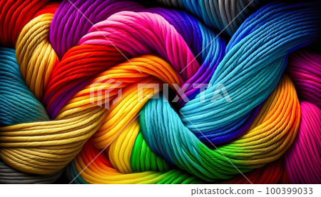 Rainbow interlaced yarn threads for knitting background. Generative AI Rainbow interlaced yarn threads for knitting background. Generative AI 100399033