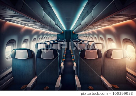 Airplane passenger cabin interior. Generative AI 100399058