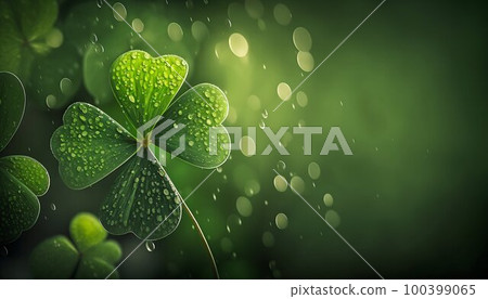 Saint Patrick green background banner with clover. Generative AI 100399065